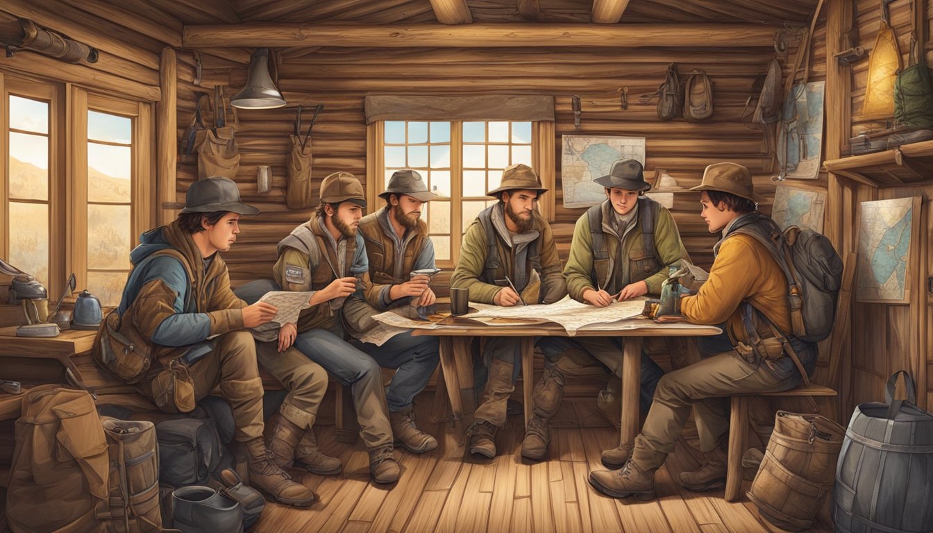 A group of young hunters gather around a map, planning their trip in a rustic cabin with hunting gear and wildlife trophies on the walls