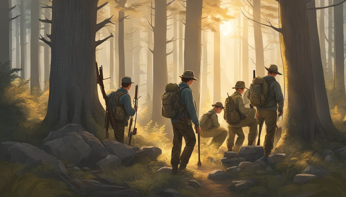 A group of young hunters gather gear and check weapons before heading into the forest. The early morning light filters through the trees as they prepare for the hunt