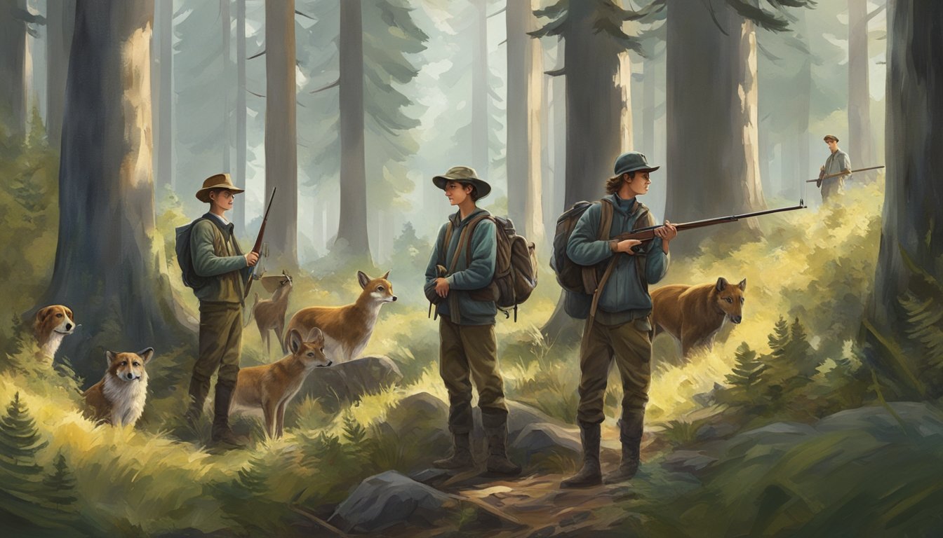 A group of young hunters gathering in a forest clearing, surrounded by tall trees and wildlife. They are engaged in conservation efforts, with a focus on youth hunting in Washington