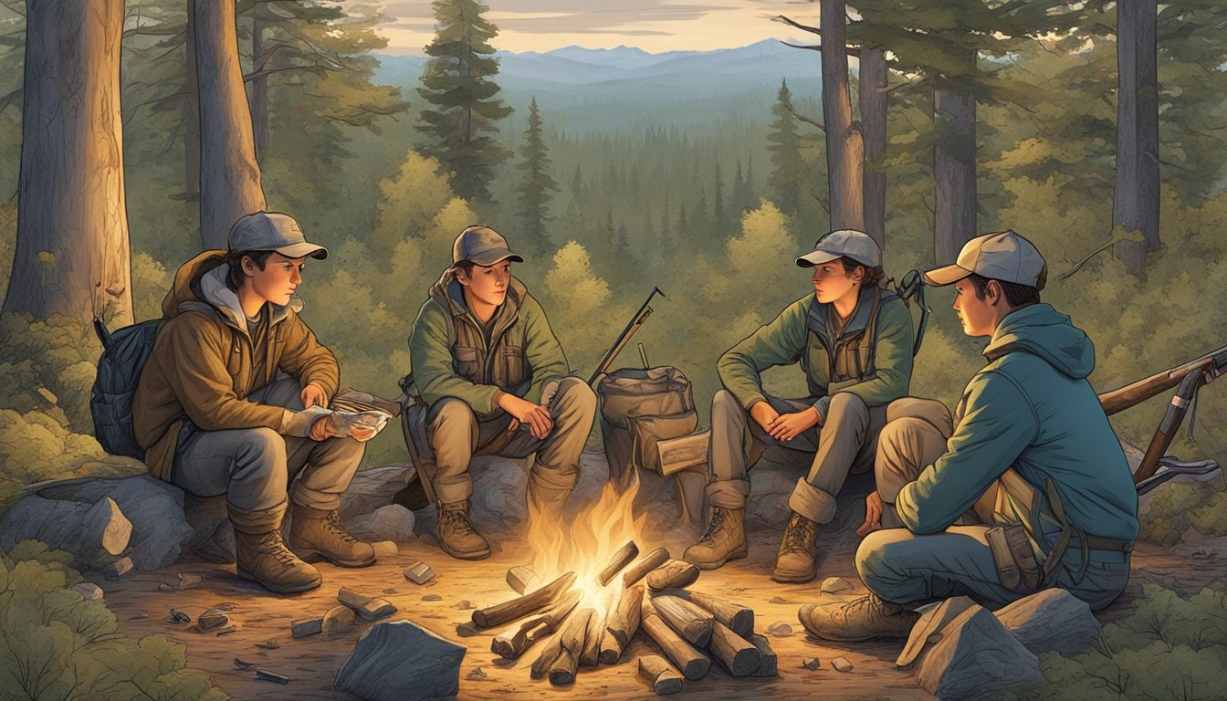 A group of young hunters gather around a campfire, surrounded by trees and wildlife, while a map of hunting resources and contacts is spread out on a nearby table