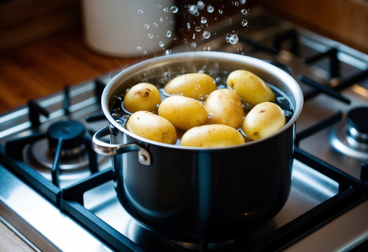 Potatisar kokar i en kastrull med vatten på spisen