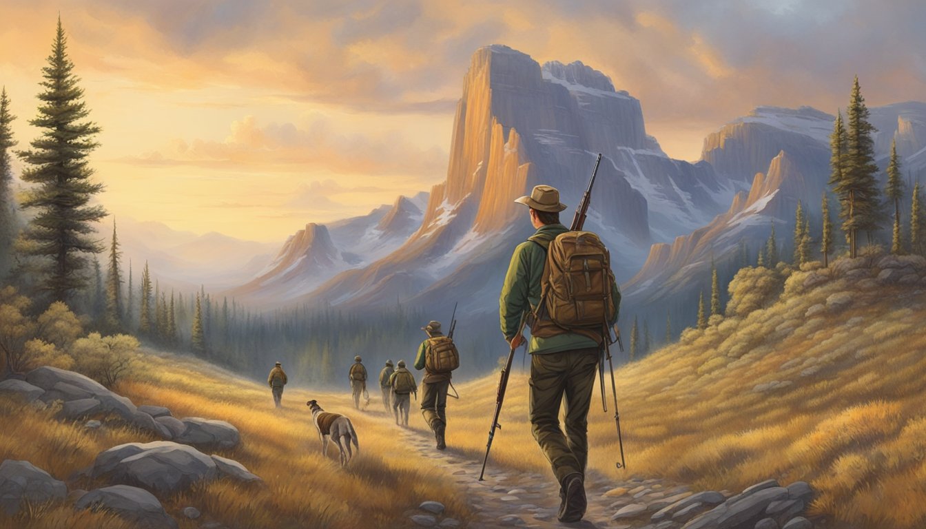 A group of young hunters, accompanied by adult mentors, trek through the Wyoming wilderness, rifles in hand, in search of game