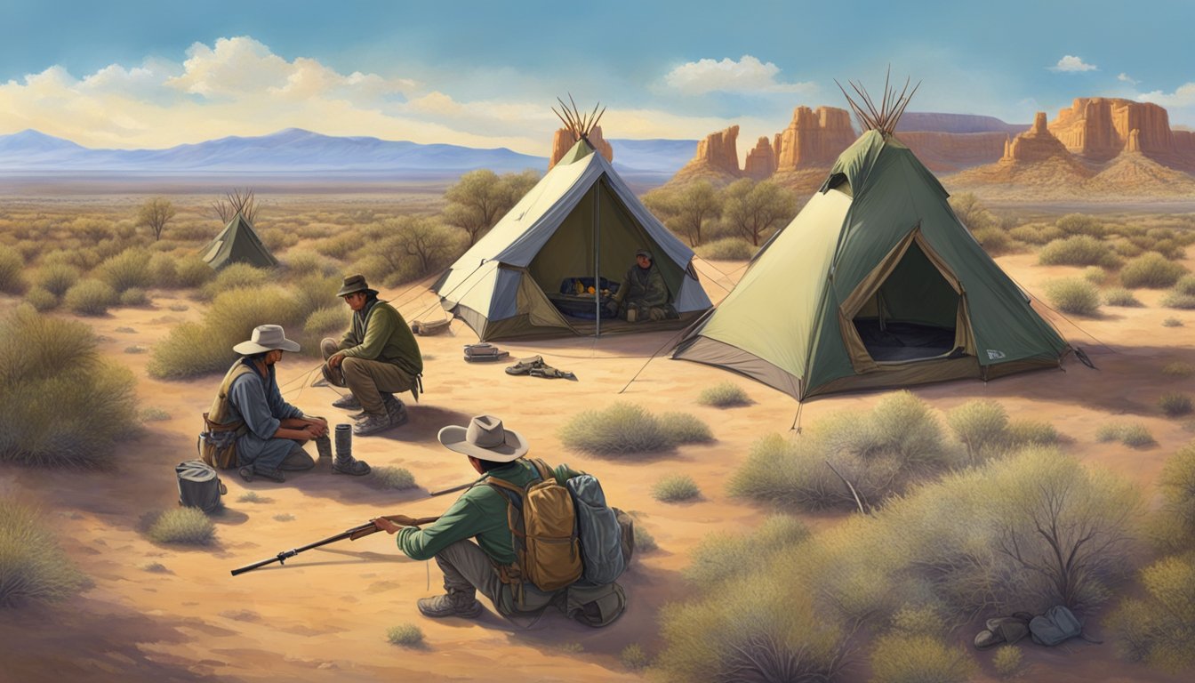 A group of young hunters set up camp in the New Mexico wilderness, surrounded by the vast expanse of the desert landscape