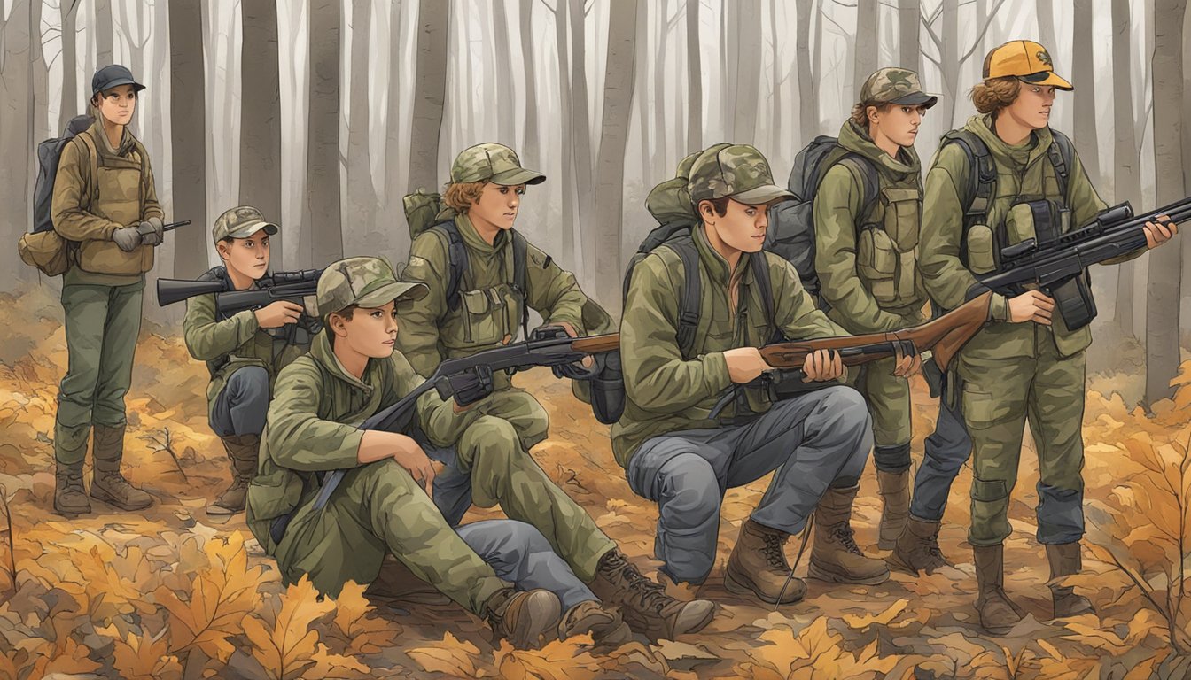 A group of young people in camouflage gear learning about hunting safety and techniques in a wooded area of New Jersey