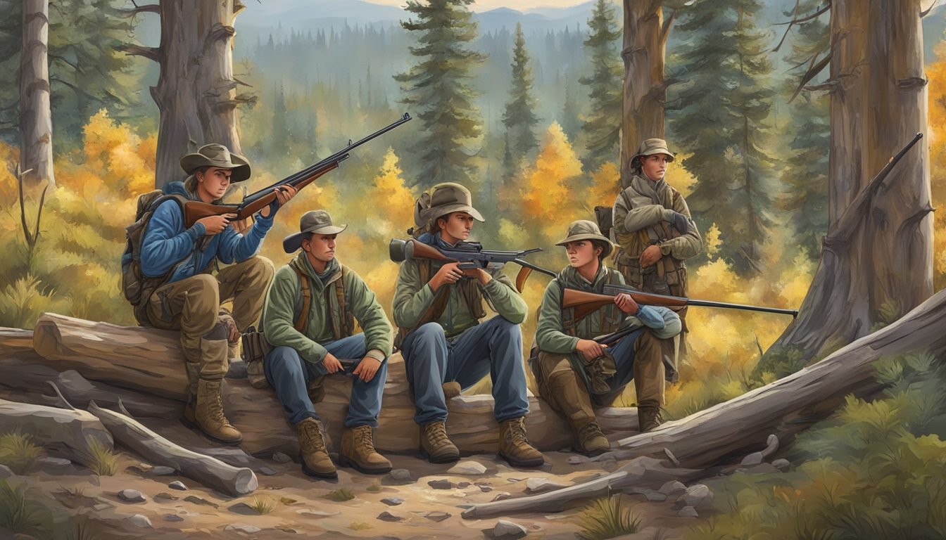 A group of young hunters in Wyoming, equipped with rifles and gear, eagerly await the start of the hunting season in a picturesque forest setting