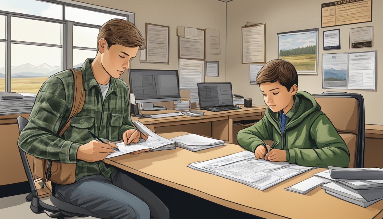 A young hunter fills out paperwork at a Wyoming Game and Fish office, while a staff member assists with the permit and license process