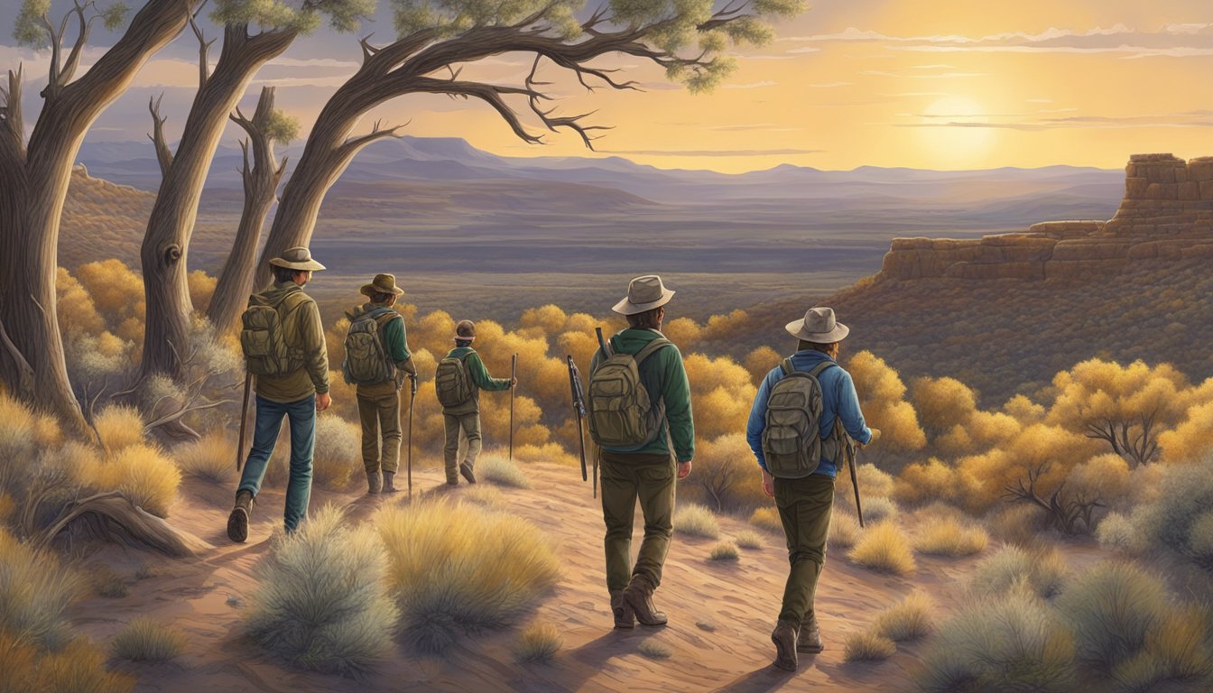 A group of young hunters explore the vast New Mexico public lands, with signs marking private access areas in the distance