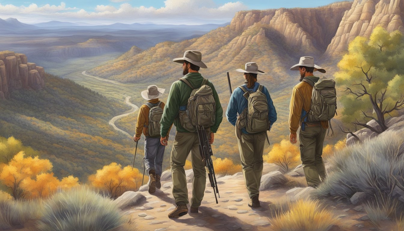 A group of young hunters trek through the rugged New Mexico landscape, guided by experienced mentors, in search of their first hunting experience