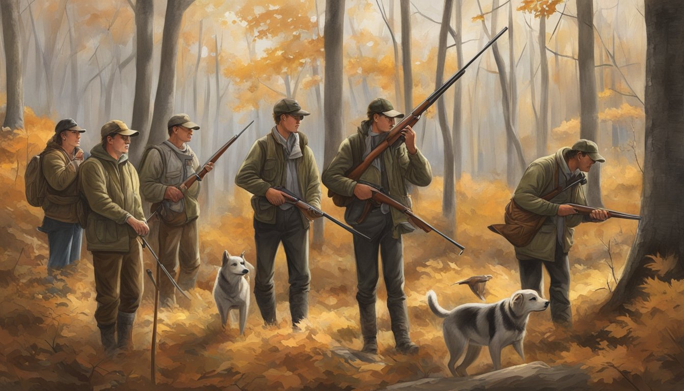 A group of young hunters in New Jersey, accompanied by adult supervisors, participate in a regulated and compliant hunting activity in a natural setting