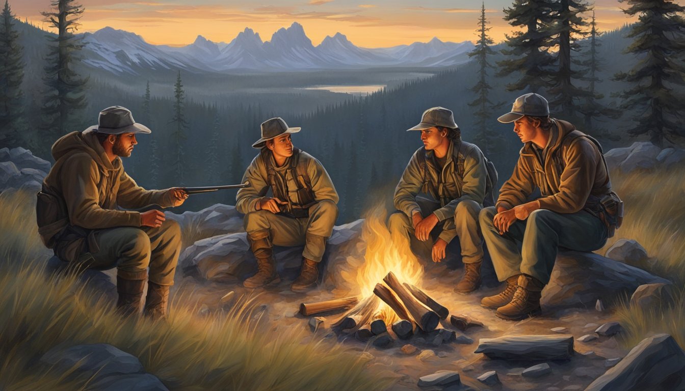 A group of young hunters gather around a campfire, surrounded by the rugged beauty of the Wyoming wilderness. They are preparing for an early morning hunt, their excitement palpable in the crisp mountain air