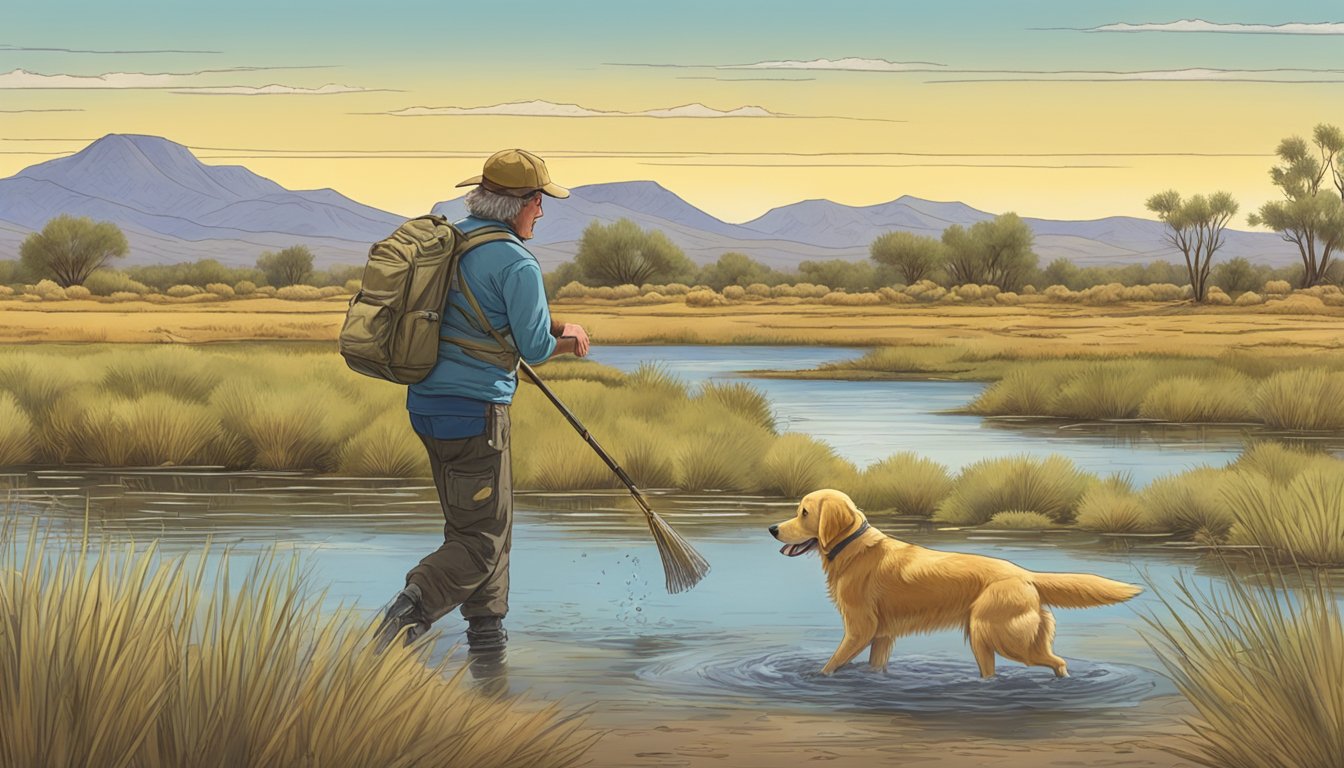 A golden retriever retrieves a downed duck from a marshy pond, while a trainer watches from the shore in the Arizona desert