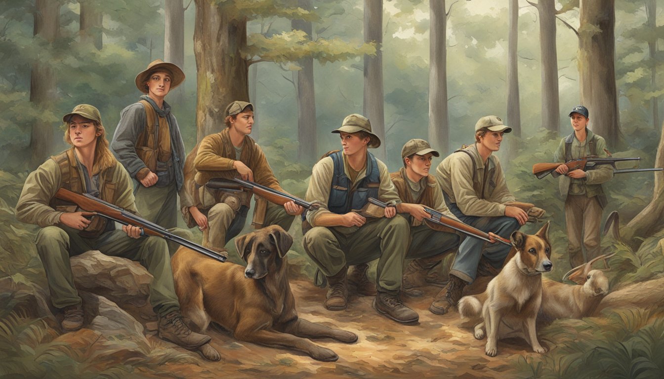 A group of young hunters in North Carolina, following hunting regulations, with various game animals in a wooded setting