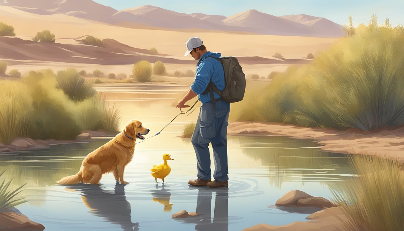 A golden retriever retrieves a duck from a pond in a desert landscape, while a trainer watches nearby with a whistle and a bag of treats