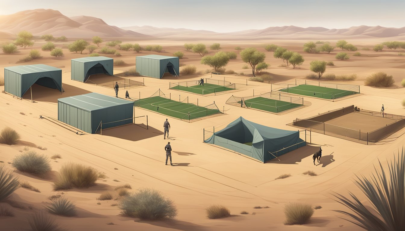 A spacious outdoor training field surrounded by desert landscape, with a variety of obstacles and equipment for gun dog training