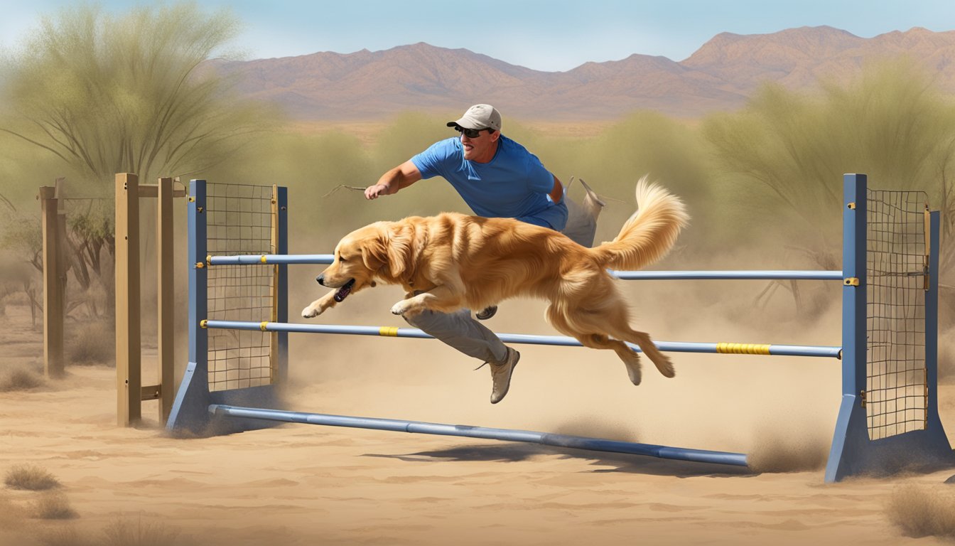 A golden retriever leaps over an obstacle during advanced gun dog training in the Arizona desert, with a mentor guiding from the sidelines