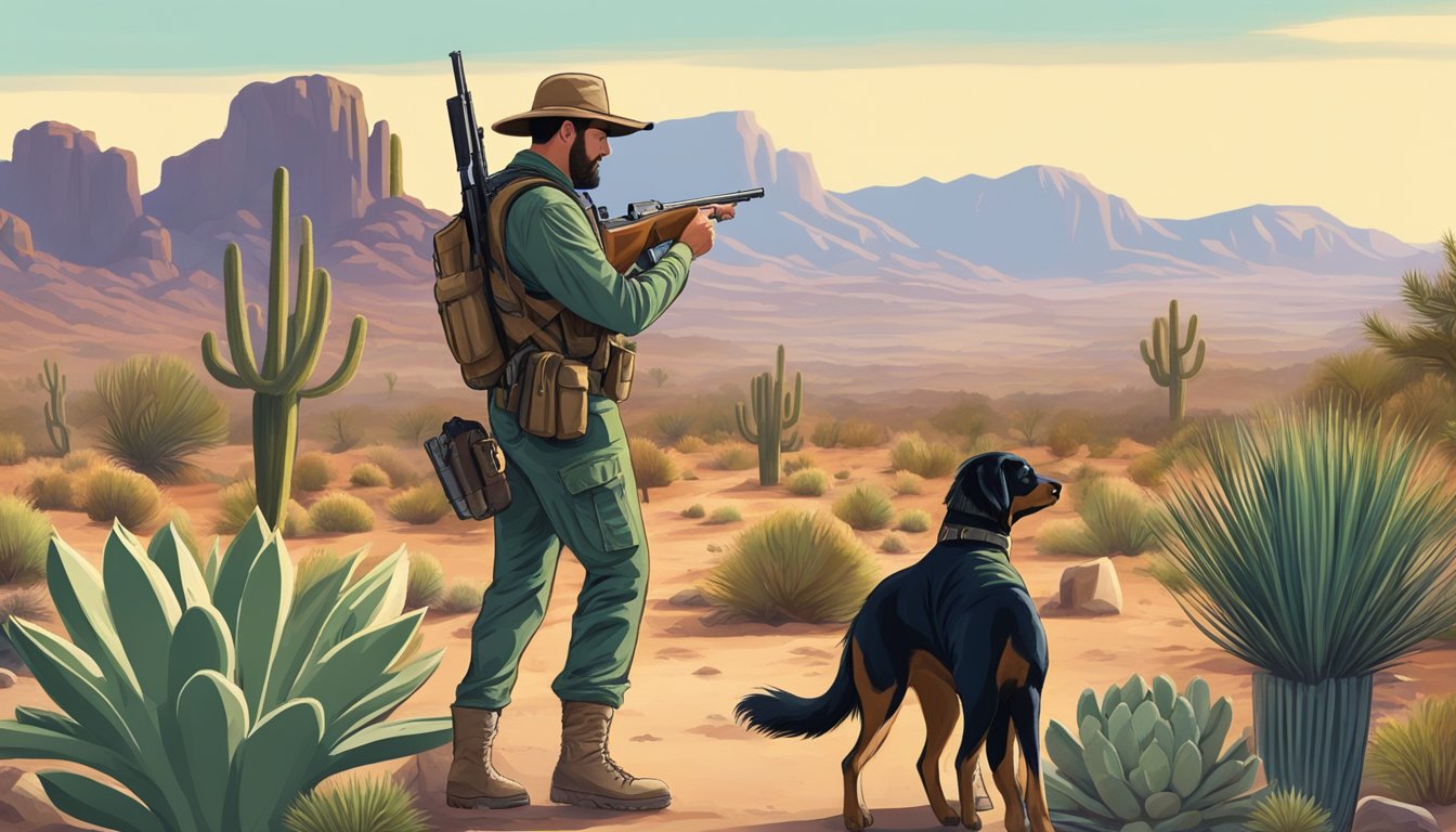 A hunter in Arizona trains a gun dog in a desert landscape, surrounded by cacti and rocky terrain. The hunter is mindful of legal regulations and safety precautions