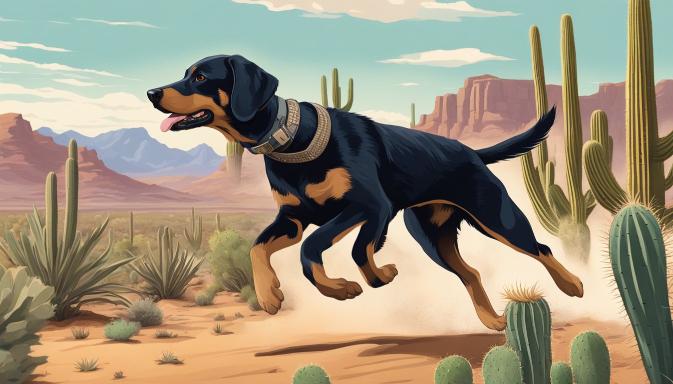 A gun dog running through the Arizona desert, with cacti and mountains in the background