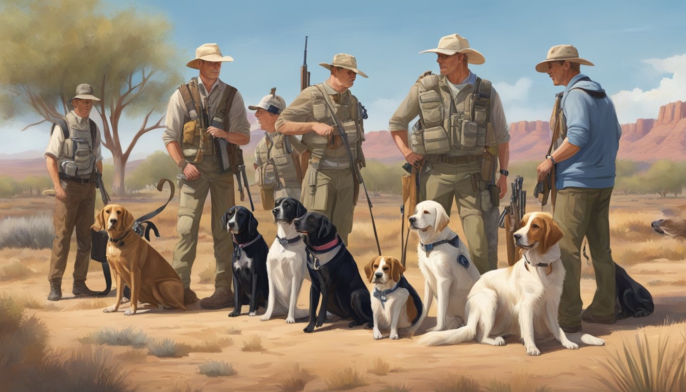 A group of gun dogs and trainers gather in a sunny Arizona field, surrounded by training equipment and resources