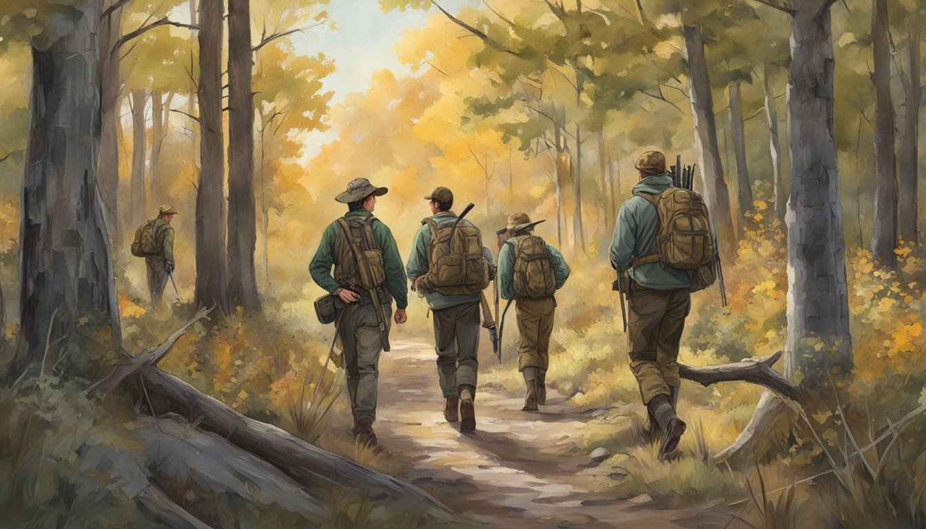 A group of young hunters in Oklahoma, accompanied by adult mentors, navigating through a wooded area with hunting gear and firearms