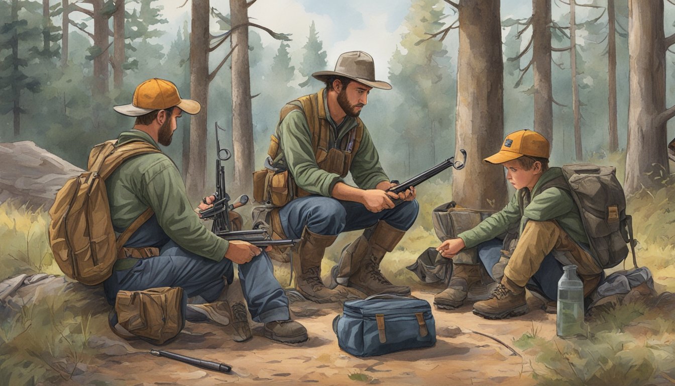 A group of young hunters gather around an instructor, preparing their gear and learning about safety in the Oklahoma wilderness