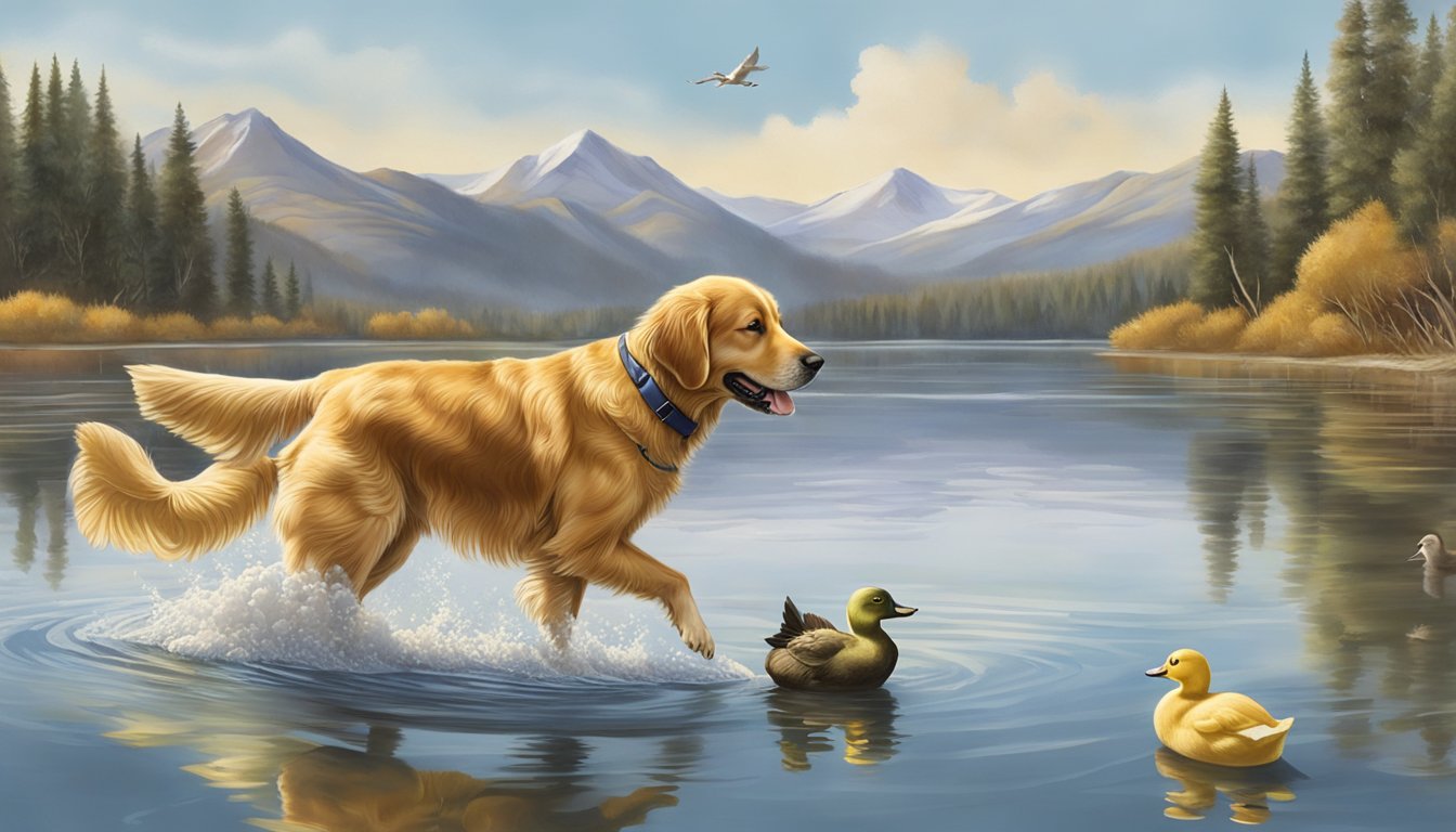 A golden retriever eagerly retrieves a duck from a serene Colorado lake during gun dog training