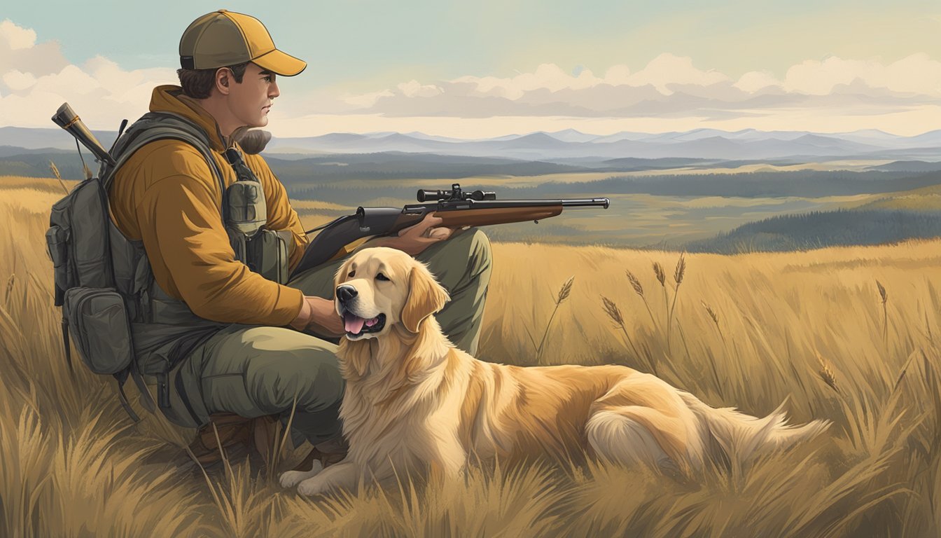 A golden retriever sits beside a hunter in a field, surrounded by tall grass and rugged terrain. The hunter holds a whistle and a training dummy, while the dog eagerly awaits commands