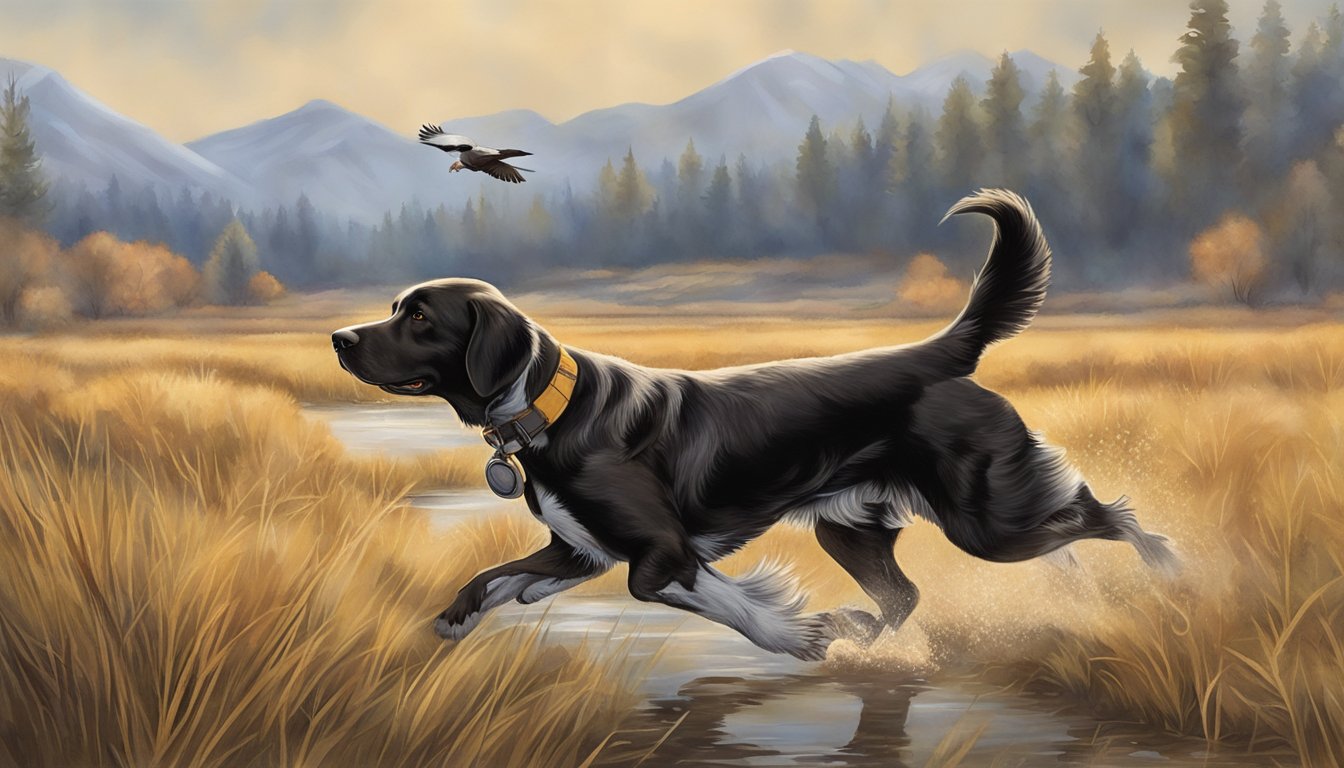 A gun dog retrieves a bird during training in a Colorado field