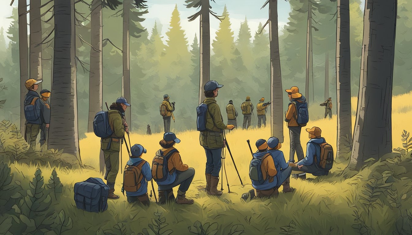 A group of young hunters gather in a forest clearing, their gear ready as they listen to an instructor explain the rules of the youth hunting program in Oregon