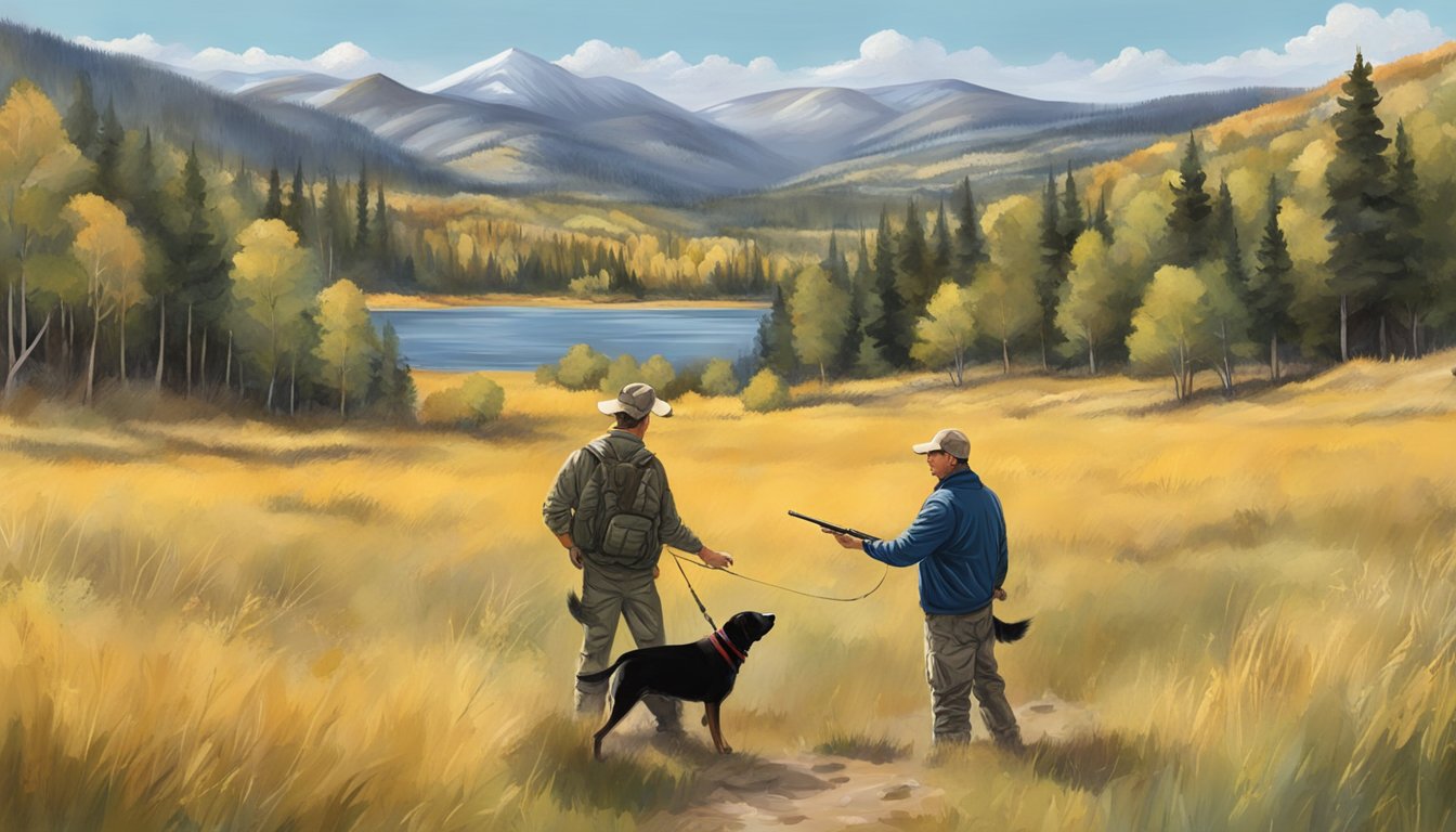 A gun dog owner trains their dog in a scenic Colorado field, using hand signals and verbal commands to teach obedience and hunting skills