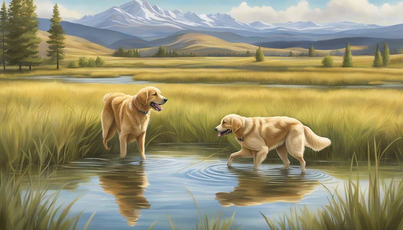 A golden retriever retrieves a duck from a calm, reflective pond surrounded by grassy fields and distant mountains in Colorado