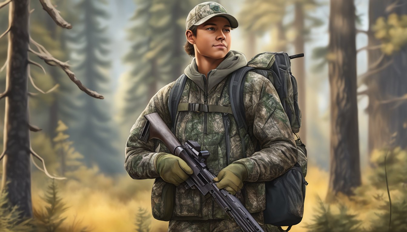 A young hunter in Oregon wearing camouflage clothing and carrying a rifle, backpack, and hunting gear