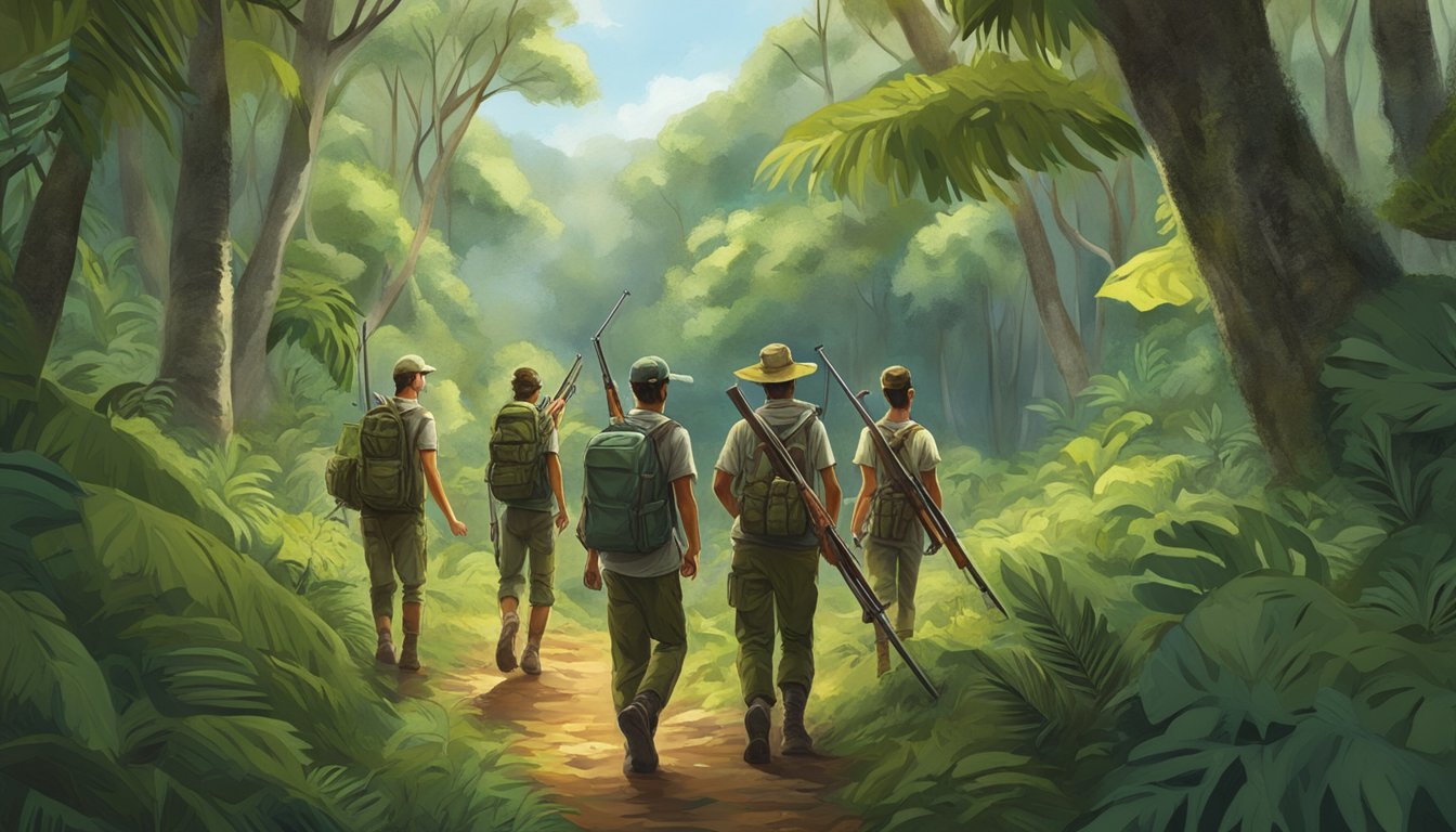 A group of young hunters in Puerto Rico navigating through a lush forest with their hunting gear and rifles, guided by an adult mentor