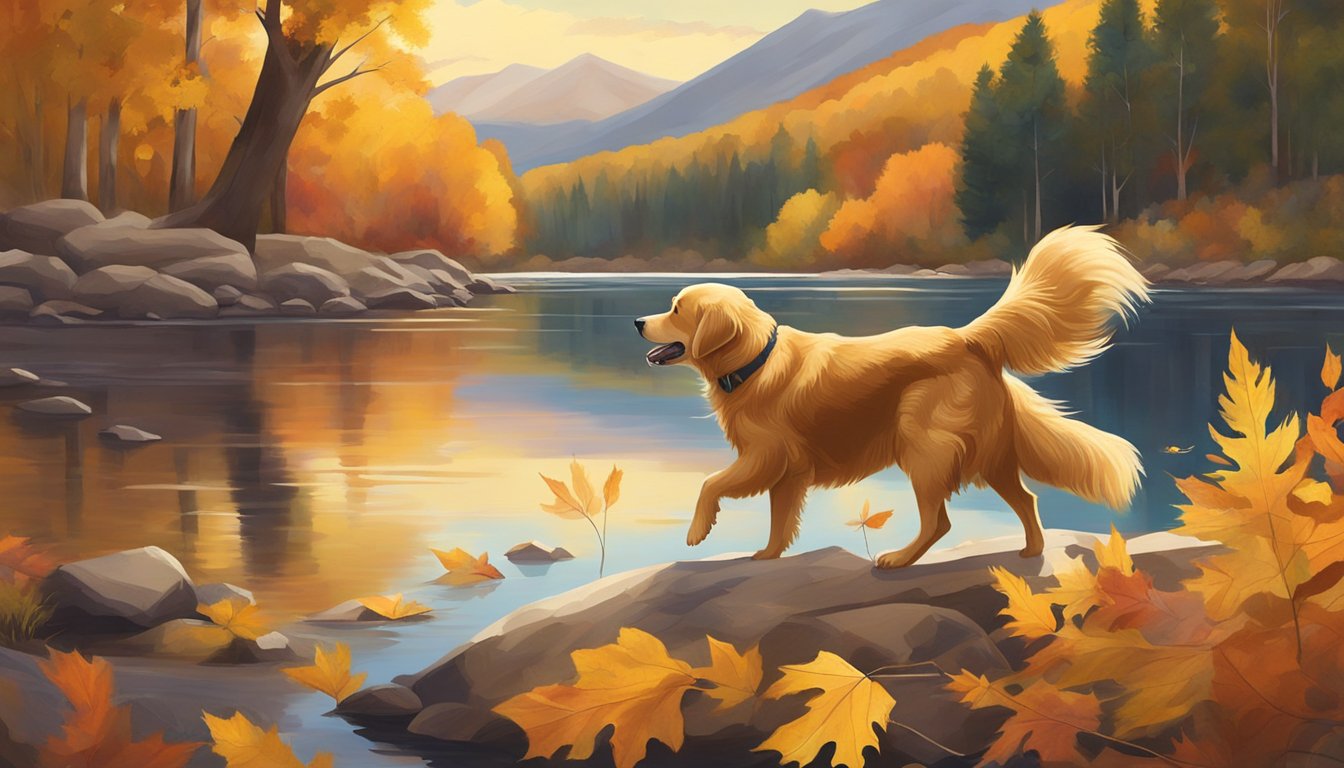 A golden retriever retrieves a fallen duck from a serene Colorado lake, surrounded by vibrant autumn foliage