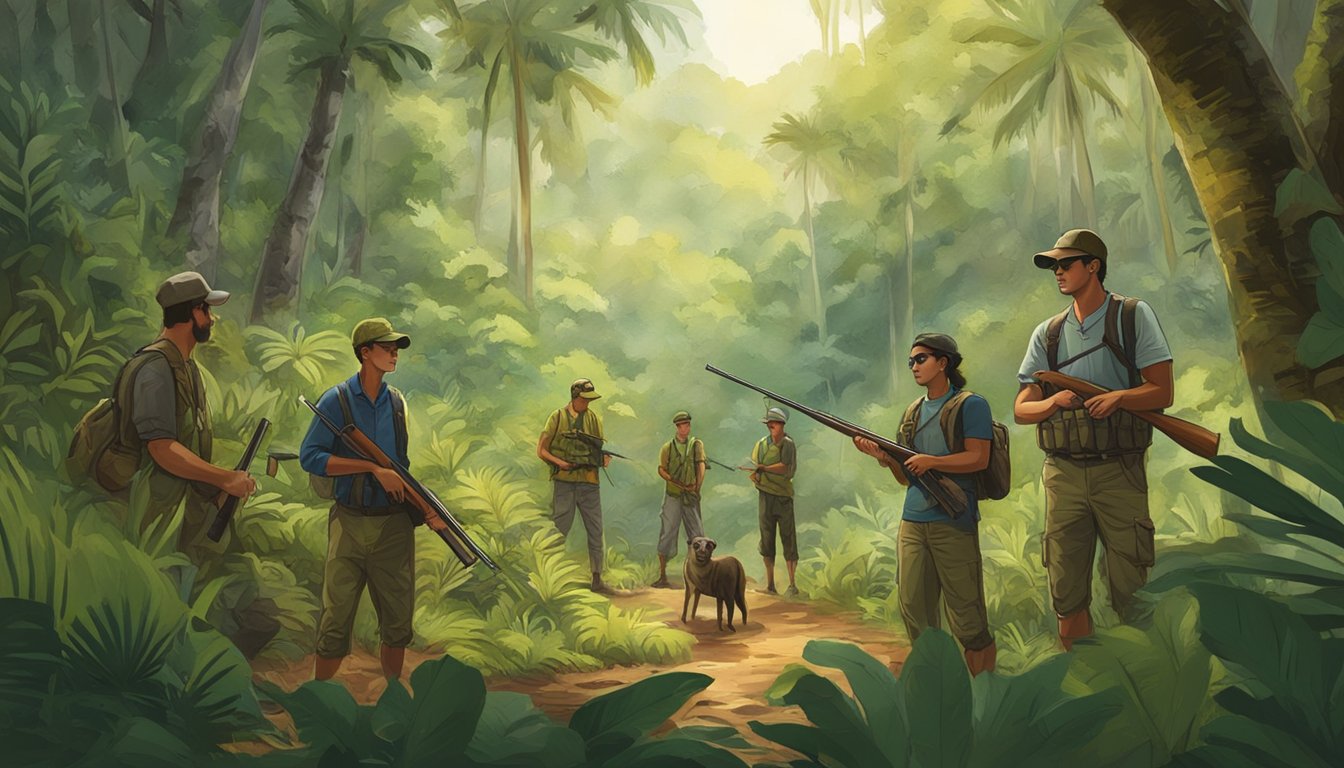 A group of young hunters in Puerto Rico demonstrate safe and ethical hunting practices in a lush forest setting