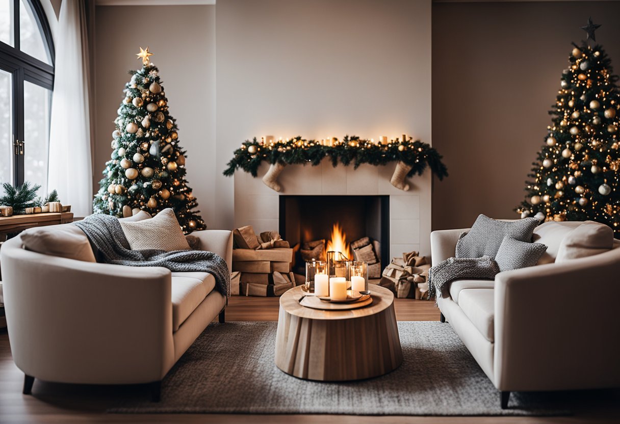 A cozy living room with a crackling fireplace, a decorated Christmas tree, and two armchairs facing each other