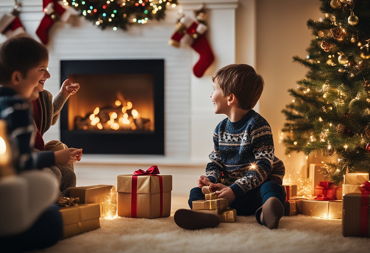 A cozy living room with a glowing fireplace, a decorated Christmas tree, and a family of four exchanging gifts and laughter