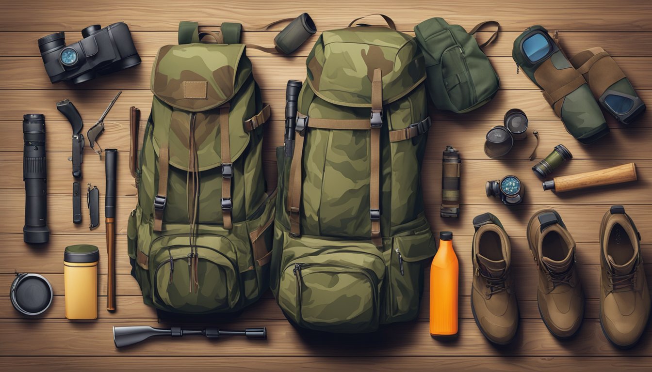 Youth hunting gear laid out on a wooden table, including camouflage clothing, boots, a hunting rifle, binoculars, and a backpack