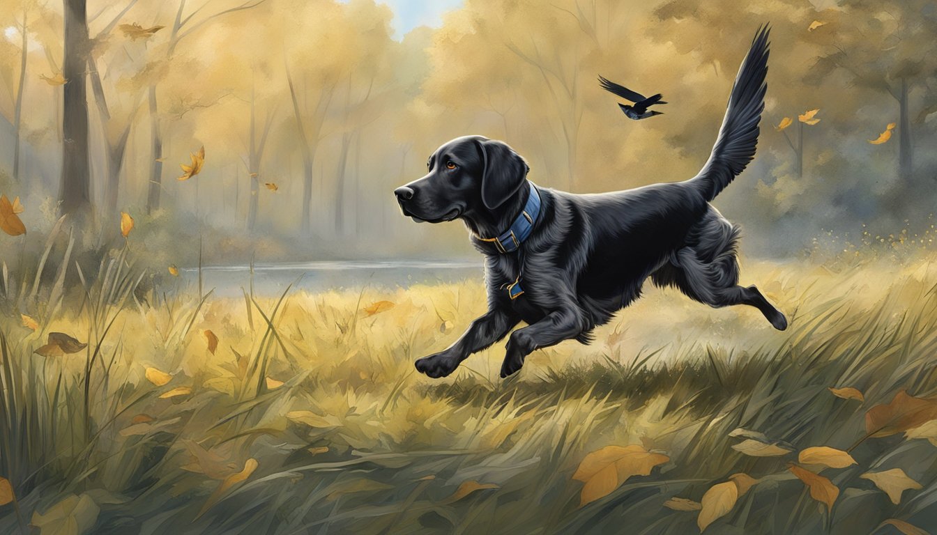 A gun dog retrieves a fallen bird in a training field in District of Columbia