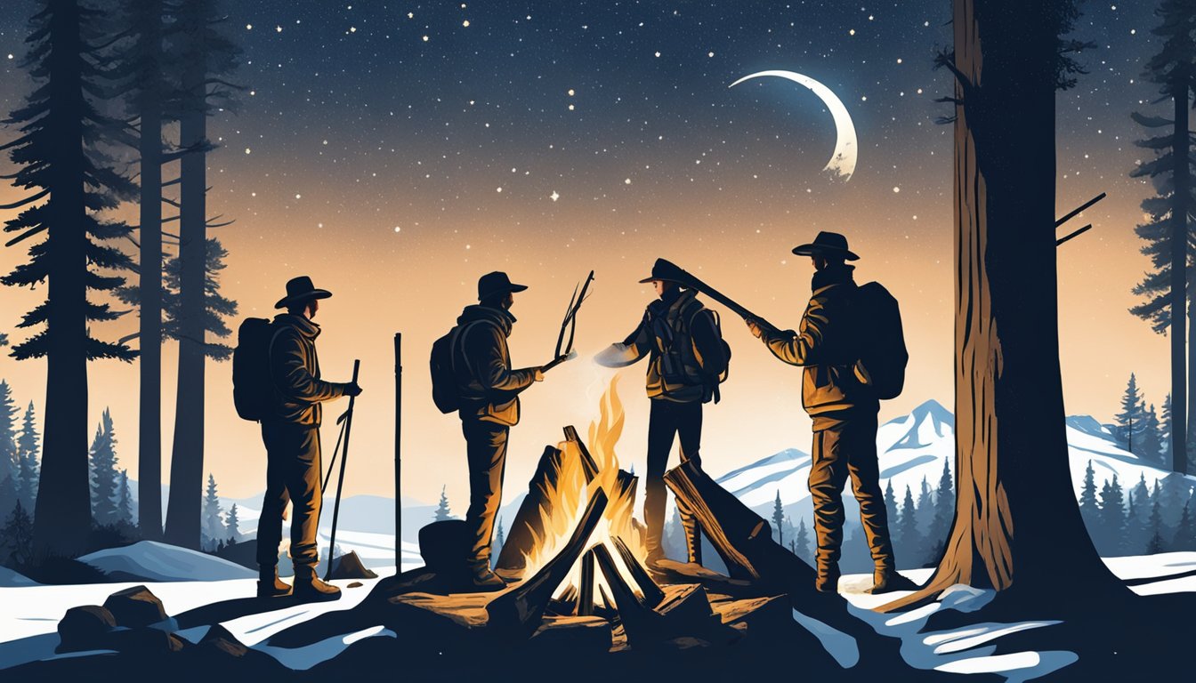 A group of young hunters gather around a campfire in the Oregon wilderness, surrounded by towering trees and a starry night sky