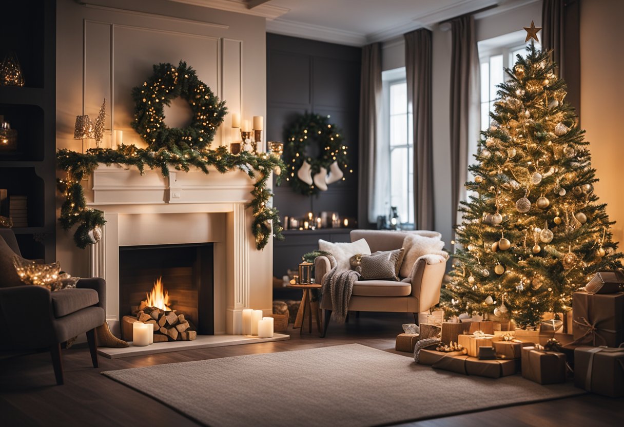 A cozy living room with a decorated Christmas tree, glowing fireplace, and festive stockings hanging from the mantel