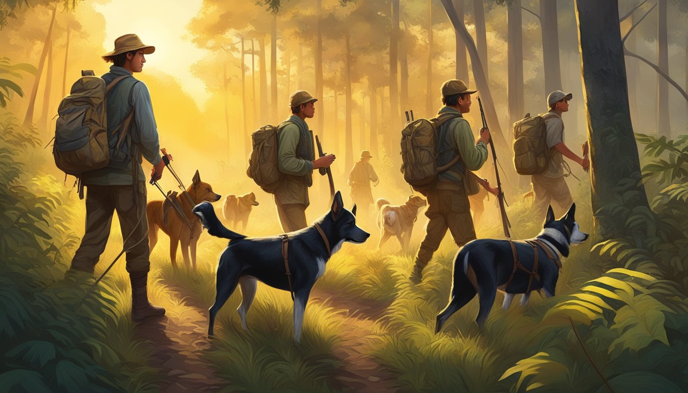 A group of young hunters trek through a lush forest, carrying traditional hunting gear and accompanied by hunting dogs. The sun casts a warm glow over the scene