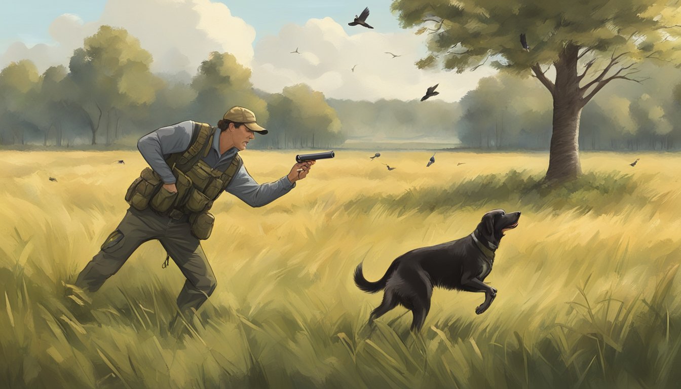 A gun dog trainer instructs a retriever to fetch a bird in a grassy field with scattered trees