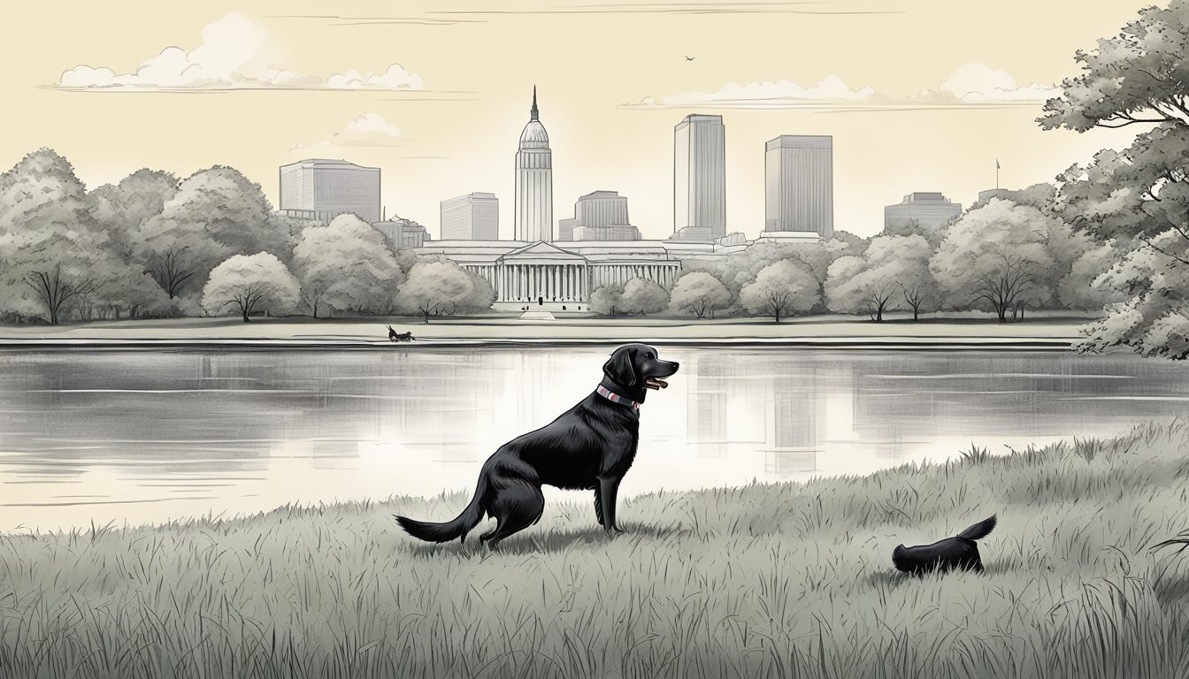 A gun dog training session in a grassy field, with a retriever following commands from its trainer amid the iconic landmarks of the District of Columbia