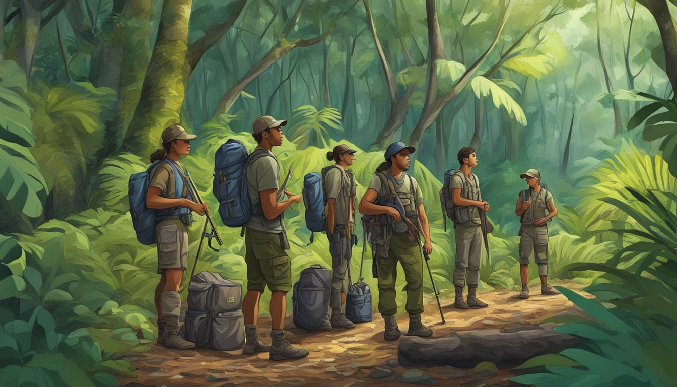 A group of young hunters gather supplies and gear in a lush Puerto Rican forest, preparing for an upcoming hunting trip