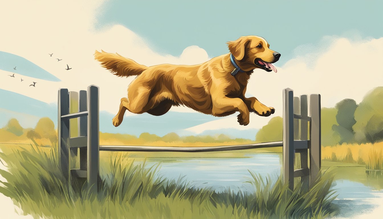 A retriever leaping over a hurdle while holding a duck in its mouth, with a handler giving commands in a field in District of Columbia