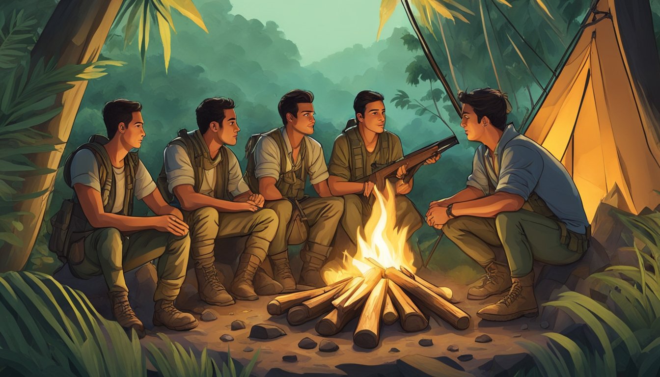 A group of young hunters in Puerto Rico gather around a campfire, surrounded by lush greenery and wildlife. They are equipped with hunting gear and are discussing their plans for the day