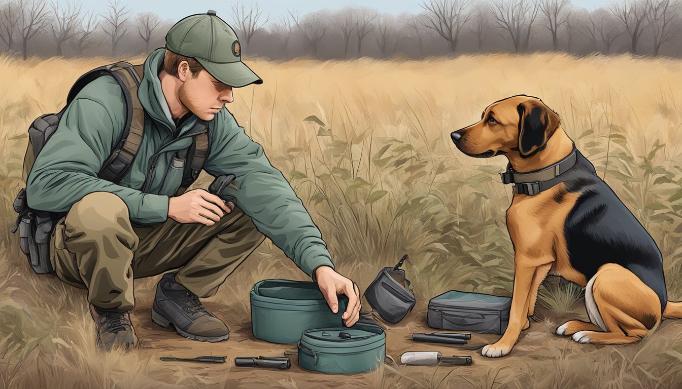 A gun dog trainer prepares for field training in the District of Columbia, laying out equipment and setting up a hunting scenario