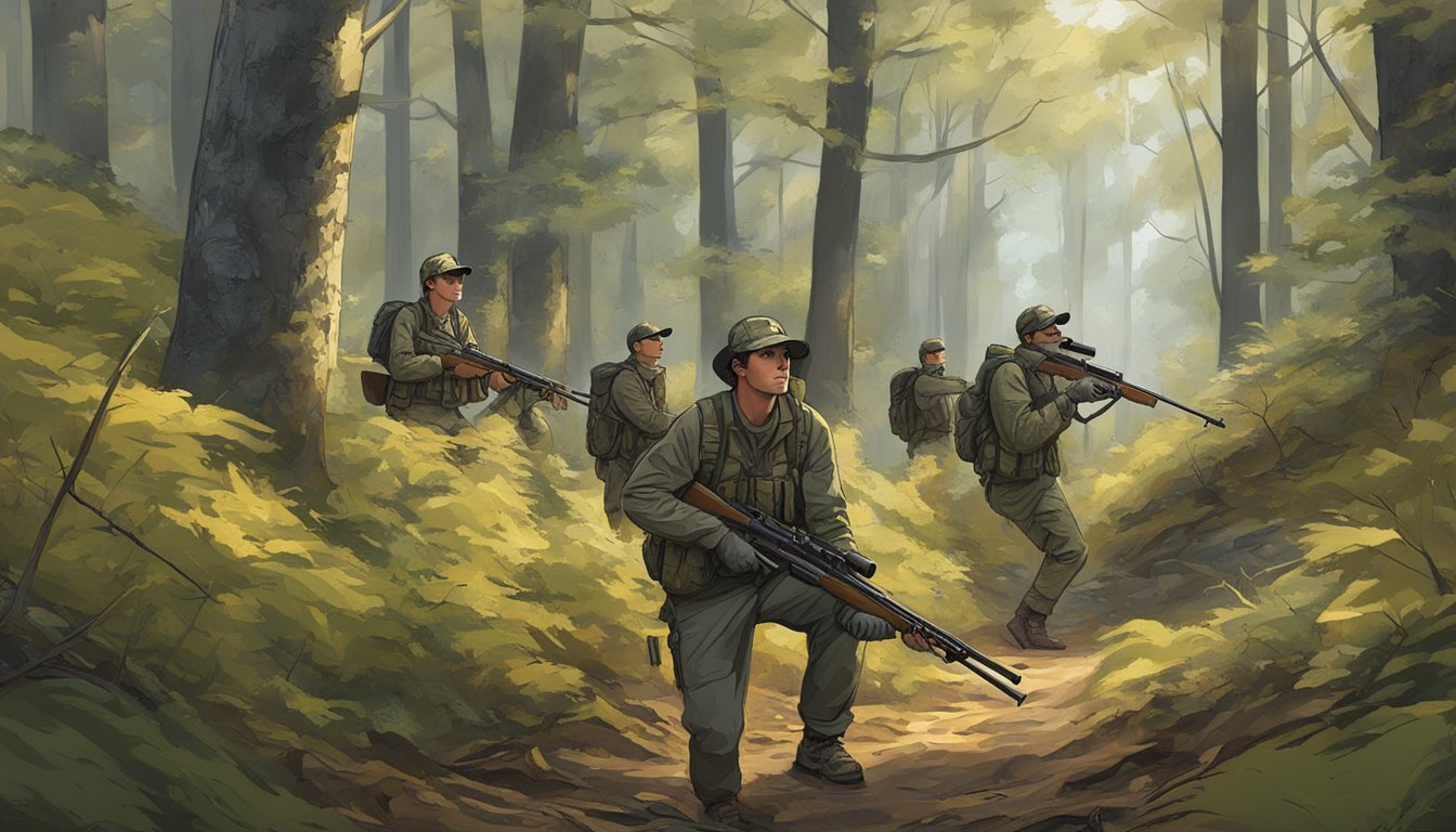 A group of young hunters in Rhode Island, equipped with rifles and camouflage gear, are quietly stalking through a dense forest in search of game