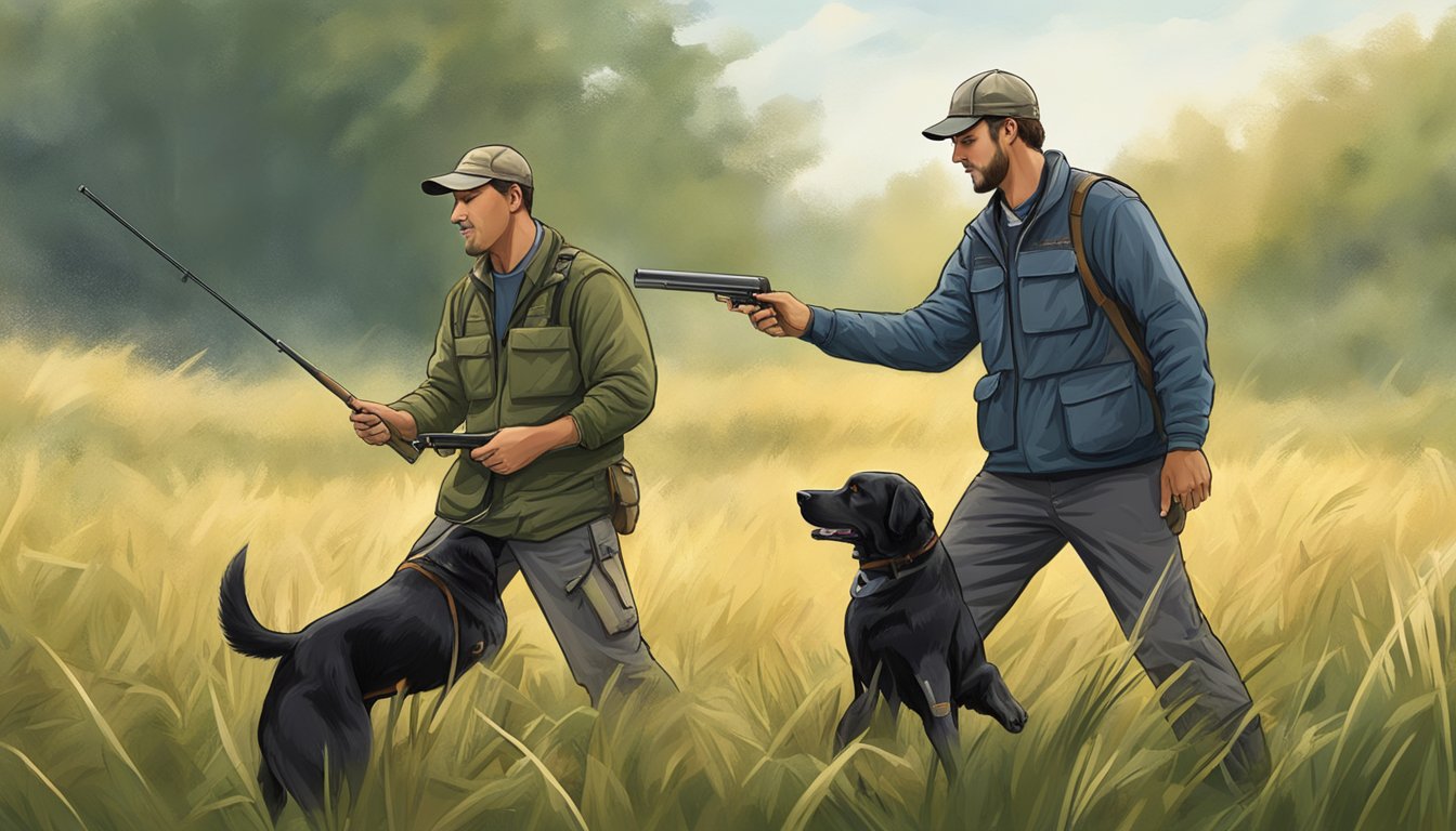 A gun dog trainer working with a retriever in a grassy field, using whistle commands and hand signals to direct the dog's movements