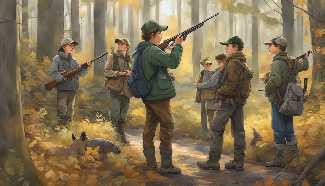 A group of young hunters, accompanied by adult mentors, are seen in a wooded area, tracking and hunting various species of game during youth hunting season in Rhode Island